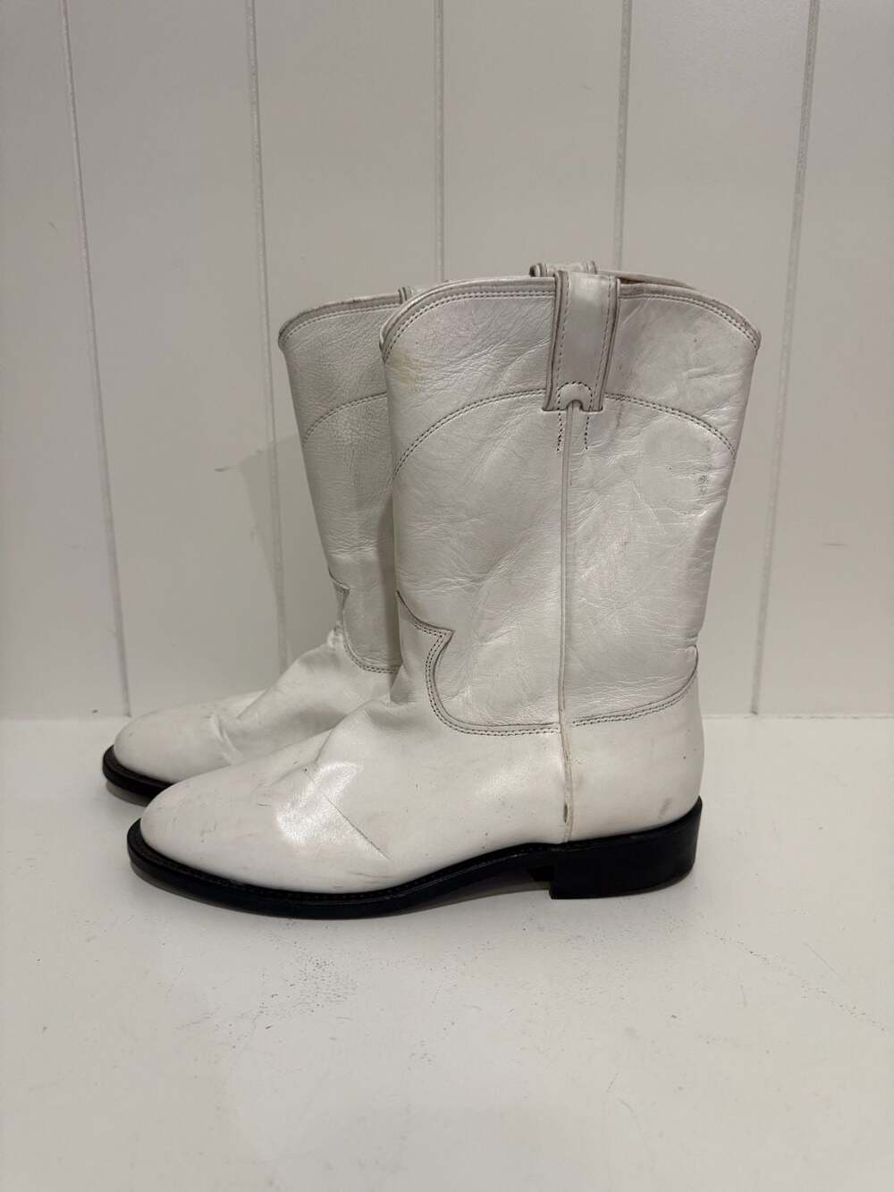 Vintage Justin White Leather Roper Western Cowboy Boots Size 9 C
